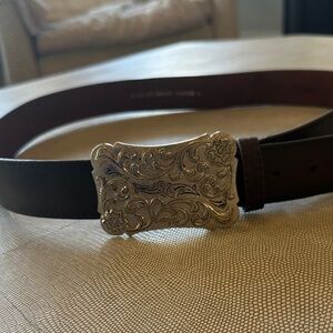 Buckle Dark Brown Belt with Ornate Silver Buckle